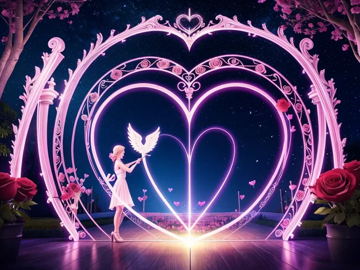 Open the dimensional gate where Cupid stands, Surrounded by floating 3D hearts and roses, Lovers、Twin Ray、Twin Flame、universe、star、流れstar、like