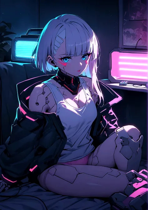 Imagine Lucy from cyberpunk edge runner, white short hair, pink line hair, blue eyes, cyborg implants, skin implants, Cyberpunk theme, white tank top, braless, pink panties, sitting on cozy room. Chilling, Neon lamps, retro music player