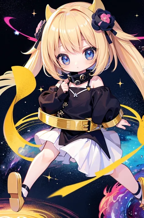 Chibi girl teaching cosmology、Galaxy painting on background