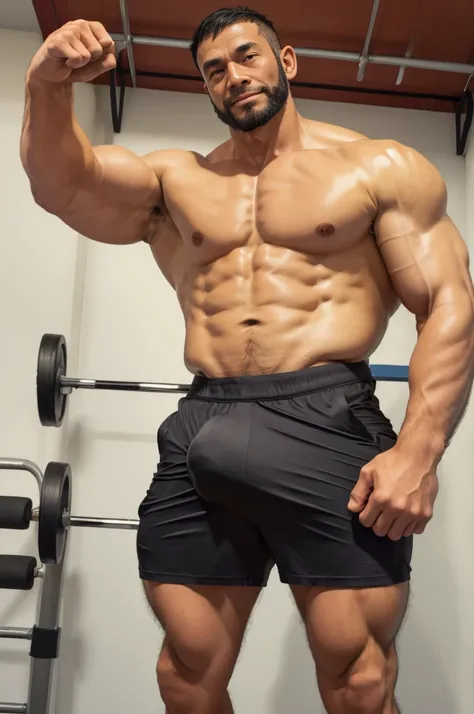 Real life photos，A strong physical education teacher walks into the gym，Take the barbell，Black barbell，Walking posture，Fitness coach，Looking at the camera，40-year-old Asian man image，Canine，Tiger Teeth，Looking at the camera，Both hands，beard，A kind expressi...