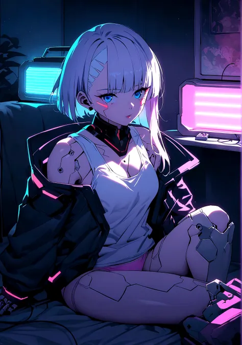 imagine lucy from cyberpunk edge runner, white short hair, pink line hair, blue eyes, cyborg implants, skin implants, cyberpunk ...