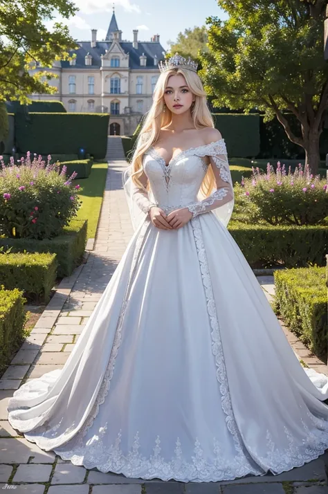 masterpiece, highres, high detailed,  intricate details, depth of field, 1 girl, queen, big royal crown, Coronation Gown, queen dress, Evening Gown, outdoor background. The background is a luxurious castle, mildly clouds, best sunlight. There are 2 long fl...