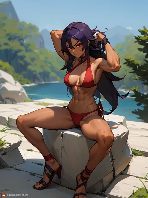 18 year old Yoruichi Shihōin from Bleach with tanned skin in a red thong bikini flexing her muscles with her hands behind her head so they are not visible to pridefully show off her rock hard abs and sitting on her heels on a mountain ledge, highly detaile...