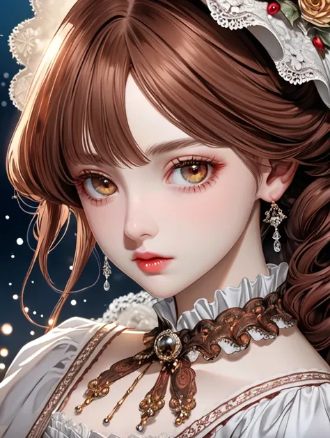 Uma garota de アニメ detalhada e de alta qualidade, with long, loose reddish-brown hair, with white tips and side bangs, reddish brown eyes e white right eye, cold stare e oblíquo, elegant clothes in the style of the Victorian era according to the photo, skin...