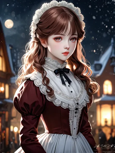 Uma garota de アニメ detalhada e de alta qualidade, with long, loose reddish-brown hair, with white tips and side bangs, reddish brown eyes e white right eye, cold stare e oblíquo, elegant clothes in the style of the Victorian era according to the photo, skin...