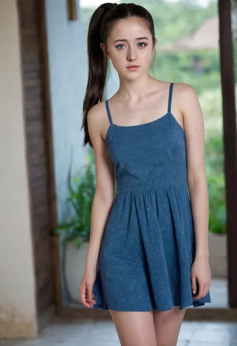 full body shot, 19 yrs old woman, 1.65m high, dark hair, ponytail, a strand of hair on the face, brown eyes, standing, sandals, blue dress, perfect face, (Kontakt Iris: 1.1), pale skin, some skin blemishes, several birthmarks, skin pores, low depth of fiel...