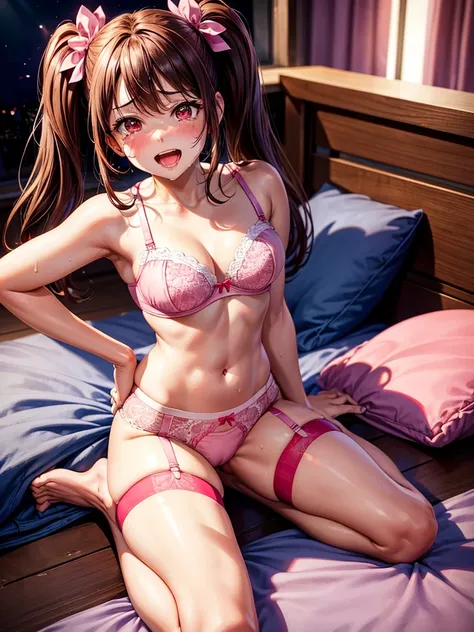 Highest quality,Highest Resolution,１Beautiful girl with a smile,Full body close-up,look up,looking at the camera,Red Eyes,Twin tails,Brown Hair,In underwear,Pink bra,Pink underwear,High leg,pink garter belt,Pink knee-high stockings,Dark bedroom at night,St...