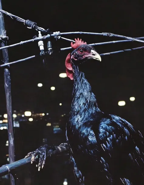 black rooster sits on electric pole with many electric cables in bangkok at night