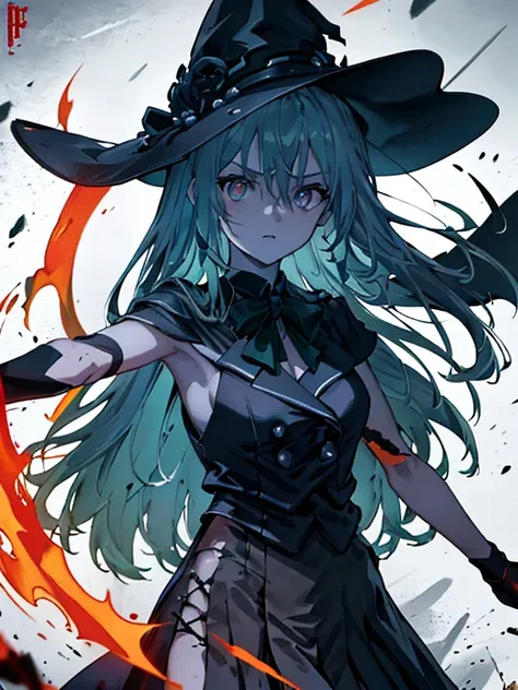 ((top-quality)), ((​masterpiece)), ((Ultra-detail)), (extremely delicate and beautiful),(((Dramatic)))、(((gritty)))、(((vehement)))Movie poster featuring a beautiful witch woman as the main character。Beautiful long green hair、Magazine Art、She wears witch co...