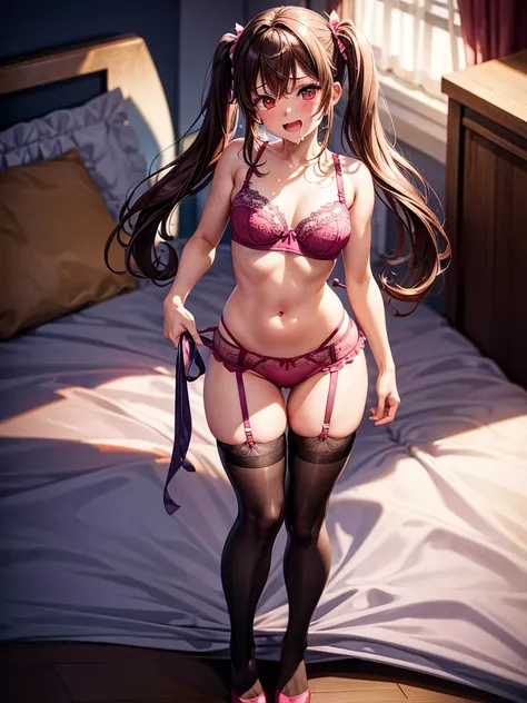 Highest quality,Highest Resolution,１Beautiful girl with a smile,Full body close-up,look up,looking at the camera,Red Eyes,Twin tails,Brown Hair,In underwear,Pink bra,Pink underwear,High leg,pink garter belt,Pink knee-high stockings,Dark bedroom at night,St...