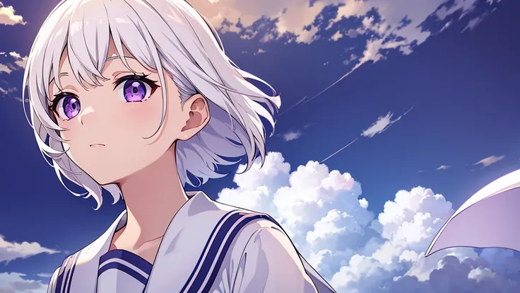 Highest quality、8K、god々Shining light、One girl、Sailor suit、Pure white hair、Short Hair、One knot、Purple Eyes、Very close、background_Bright sky、cloud