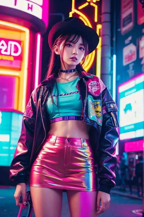 The aesthetics of vaporwave, Bright colors, A girl dressed in cyberpunk style, Cowboy Shot,whole body