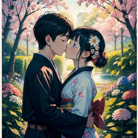 masterpiece, best quality, boy and girl, (in flower garden, flower arrangement, surreal background, they surrounded by flower), hug, face to face, kiss, side shot, kimono, upper body, water color