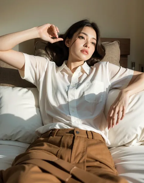 Super realistic, on the bed, relaxing, oversized shirt, his shirt, sleepy, natural make-up 