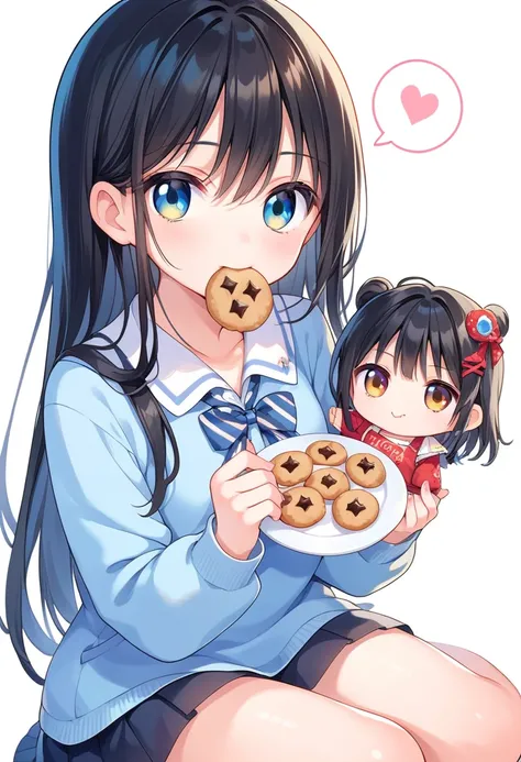 score_9, score_8_up, score_7_up, source_anime, (chibi), eating cookie, spoken heart, sitting, black hair, , classroom background, simple background