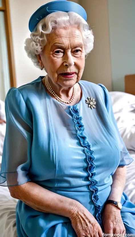 (penis cum:1.4), (profile side), (gigantic saggy breast:1.5), (queen elizabeth 90yo at hospital:1.5), (chiffon blue dress:1.4), (from belove:1.4)