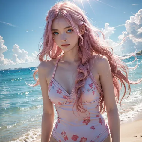 Light pink hair, blue eyes,  blue sky, Vibrant colors, Colorful floral swimsuit 、splash, Light Racing, Wavy long hair、splash、Light of the sun、Braiding、Sandy Beach, alone,8K,Movie Scenes