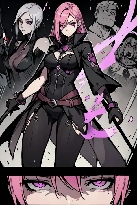 A pink haired female reaper with violet eyes and an hourglass figure is spinning her scythe in a creepy castle