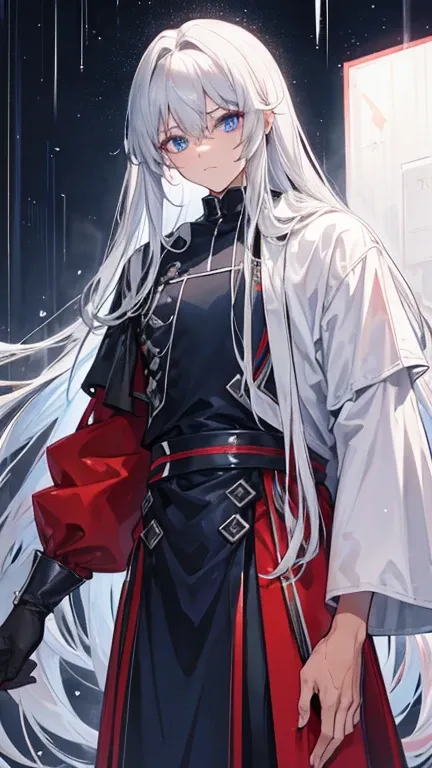 Tall taned guy with long silver hair with dark blue eyes dark red baclground with rain