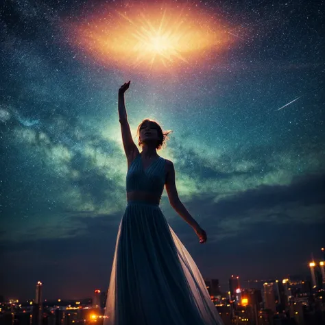 
Against a backdrop of soft sunset orange and deep twilight blue、Angels flying in the sky are depicted。Their wings reflect the light、Lights up the sky with a gentle glow。

In the center is、A symbol of hope and faith、A young woman is standing with her hands...