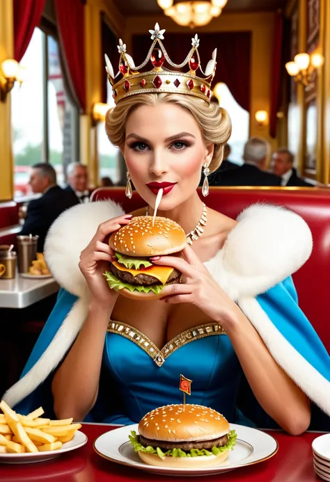 a picture of a royal queen eating  a juicy hamburger, royal queen, blond hair, in a bun, dynamic eye color, wearing a royal (crown:1.2). elegant crown, glamour crown, wearing elegant dress, royal dress, royal cloak, high fashion, wearing high heels, sittin...