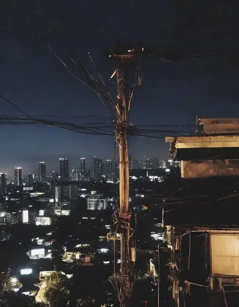 long view of  electric pole with many electric cables and cat  sits on it, bangkok at night background 