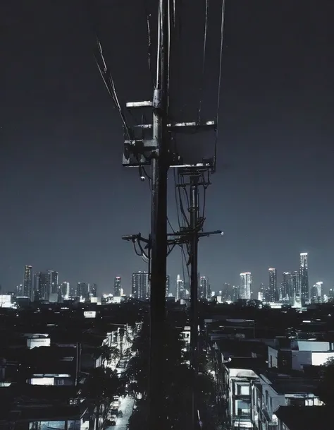 long view of  electric pole with many electric cables and cat  sits on it, bangkok at night background 