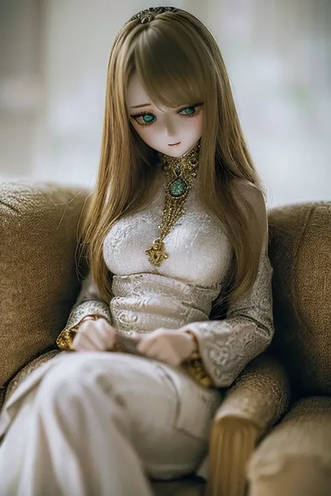 photorealistic, realistic photo, ((highest quality)), ((masterpiece)), (extremely detailed), kukolnydom, doll, (mature woman:1.7), solo, sitting on sofa, green eyes, (looking down, blank eyes, empty eyes, detailed eyes:1.3), light smile, dress, museum, 8k