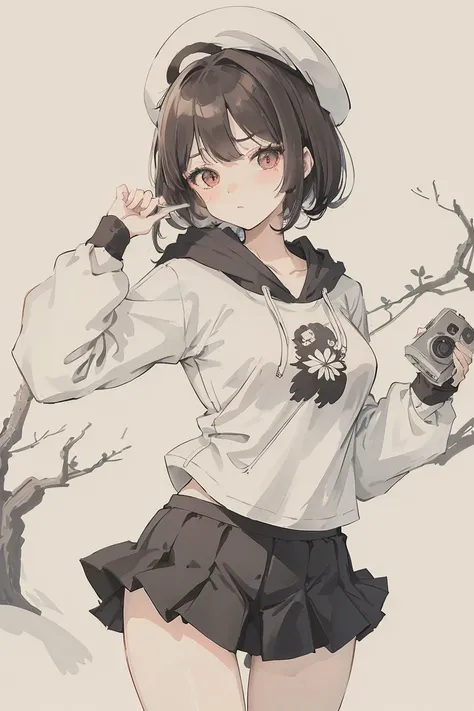 mahjong, a brunette girl, 穿着白色hoodie, short hair, messy hair, Black skirt, hoodie, slim, She has a handheld camera, Medium breasts, She closed her left eye., Shirt accessories, Lollipop, White beret, serious face, Beautiful, Round breasts