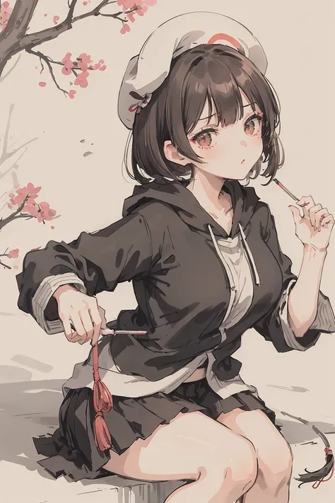 mahjong, a brunette girl, 穿着白色hoodie, short hair, messy hair, Black skirt, hoodie, slim, She has a handheld camera, Medium breasts, She closed her left eye., Shirt accessories, Lollipop, White beret, serious face, Beautiful, Round breasts