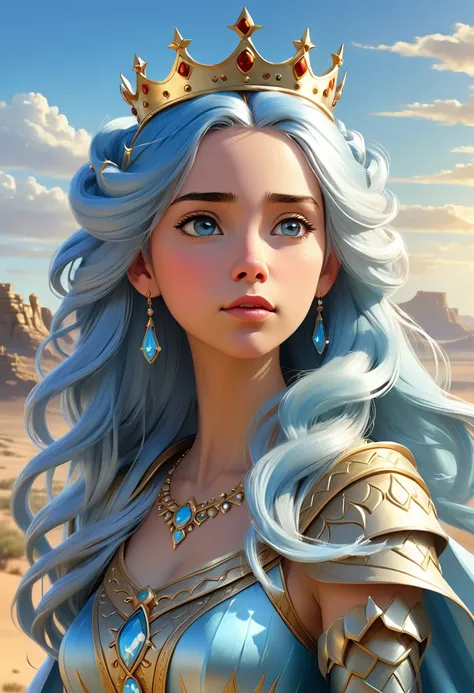 Beautifully painted, high quality, Ultra-detailed CG illustrations，Depicting a young queen with a serene expression, crown, Staring into the distance，A striking head of light blue hair flutters gently in the desert breeze. The scenery behind is vast and br...