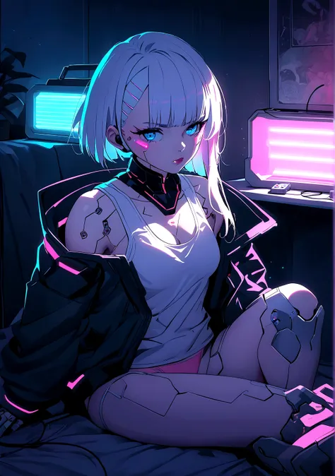 imagine lucy from cyberpunk edge runner, white short hair, pink line hair, blue eyes, cyborg implants, skin implants, cyberpunk ...