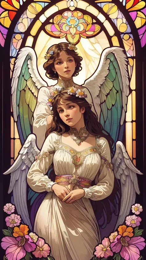 (Highest quality:1.2,Vector art:1.1,Vibrant colors,Stained glass,Beautiful vintage angel woman,A look of determination,(Wide open angel wings:1.1),Facing the Observer,Alphonse Mucha style,Complex floral background,Vibrant colors,Warm Tones,Soft lighting)