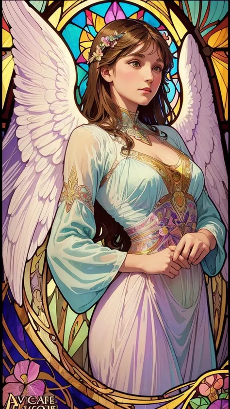 (Highest quality:1.2,Vector art:1.1,Vibrant colors,Stained glass,Beautiful vintage angel woman,A look of determination,(Wide open angel wings:1.1),Facing the Observer,Alphonse Mucha style,Complex floral background,Vibrant colors,Warm Tones,Soft lighting)