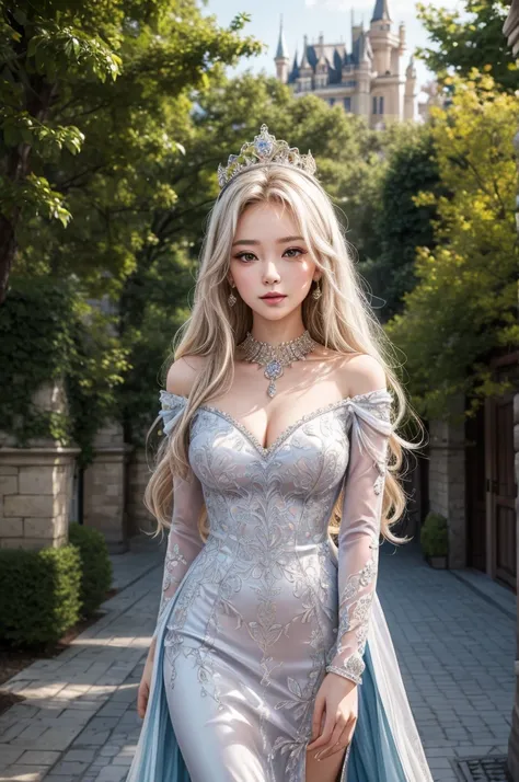 masterpiece, highres, high detailed,  intricate details, depth of field, 1 girl, asian girl, queen, big royal crown, full body,Coronation Gown, queen dress, Evening Gown, outdoor background. The background is a luxurious castle, mildly clouds, best sunligh...