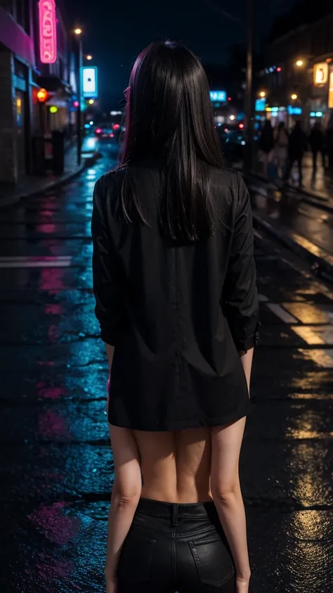 Back view of an adult woman，night，raindrop，City night scene，Neon，Dark Style