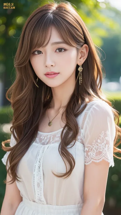 Ultra-high resolution, Superior Quality, Highest quality, Very detailed, Realistic, 8K, RAW Photos, Highest quality, masterpiece, Attractive girl, Awesome girl, Light brown hair、Wavy Hair、 hairstyle semi long、Mesh Hair, Japanese Idols, ear piercing、Necklac...