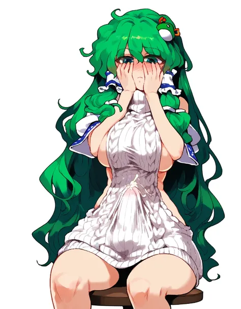 Expressive, score_9, score_8_up, score_9_up, Touhou, masterpiece, high quality, highly detailed, 1girl, kochiya sanae, solo, green hair, long hair, green eyes, long hair, big breasts, blush, round breasts,,,,,, frog hair ornament, hair tubes, snake hair or...