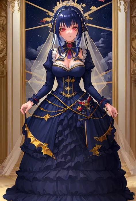 (masterpiece:1.4), (Highest quality:1.4), Very detailed, Complex, Super detailed, figure,Soft lighting, Scenic, One girl, Disgust, Navy Blue Hair, colorful, Colorized, from_On top of that ,vampire_Costumes , Runway 