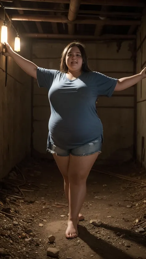 A very fat, obese 10-year-old girl in an underground prison, looking excited, detailed facial features, (best quality,4k,8k,highres,masterpiece:1.2),ultra-detailed,(realistic,photorealistic,photo-realistic:1.37),HDR,UHD,studio lighting,ultra-fine painting,...