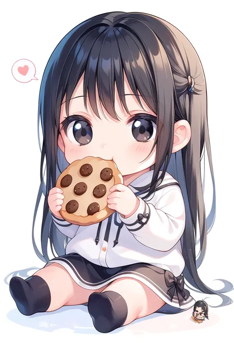 score_9, score_8_up, score_7_up, source_anime, (chibi), eating cookie, spoken heart, sitting, black hair, black eyes, black attire, room background, simple background