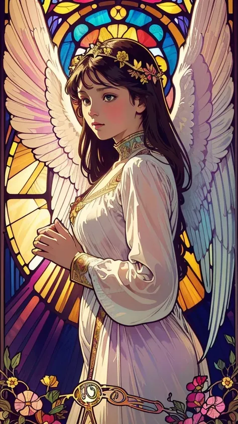 (Highest quality:1.2,Vector art:1.1,Vibrant colors,Stained glass,Beautiful vintage angel woman,A look of determination,(Wide open angel wings:1.1),Facing the Observer,Alphonse Mucha style,Complex floral background,Vibrant colors,Warm Tones,Soft lighting)