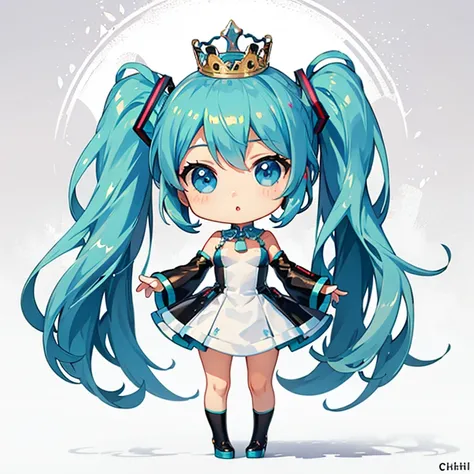 Queen, tiara, Queen, Hatsune Miku, (chibi:1.5), full body, Big Eyes, (masterpiece), highest quality