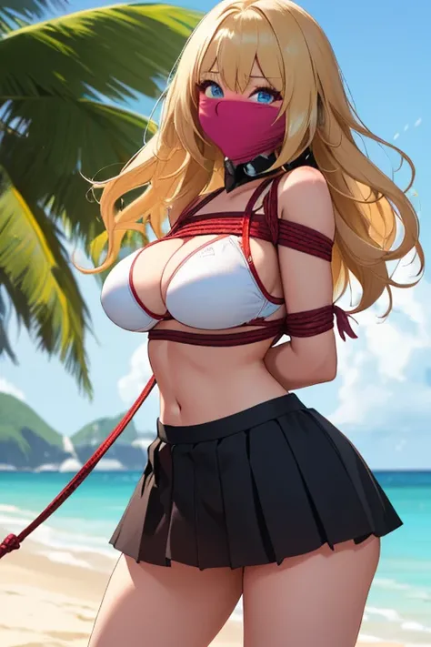 1 girl, detailed blue eyes, lange wimpern, detailed beautiful face, 4k quality, a Bit curly hair,(Long blonde hair:1.4), (arms behind back:1.6), gefesselte Arme, Red rope, (blushing:1.3), (Big breasts:1.6), (white Bikini, black skirt with Bikini under, hös...