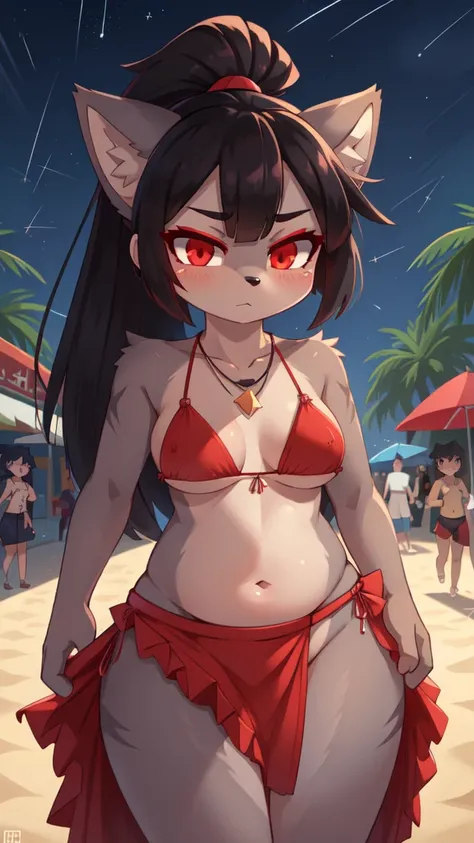 score_9,score_8_up,score_7_up, source_cartoon, source_furry, furry girl, wolf, black hair, punk hairstyle, huge long spiky ponytail, anime style, small breasts, red eyes, makeup, eyeshadows, ((deep red bikini ruffled triangle, high cut bottom, star necklac...