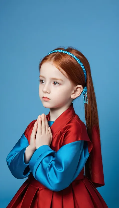 girl children REDHEADS WITH STRAIGHT HAIR ON HEAD TIES BLUE COLOR, PRAYING, RED BACKGROUND,