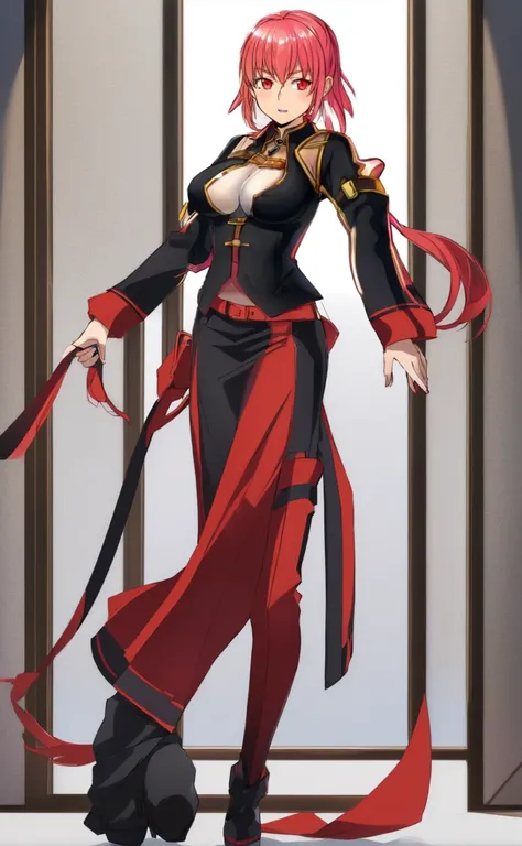 a woman in a black and red outfit, roguish smirk, seductive anime girl, female anime character, female redhead templar, portrait of a female anime hero, black long pants, brown boots