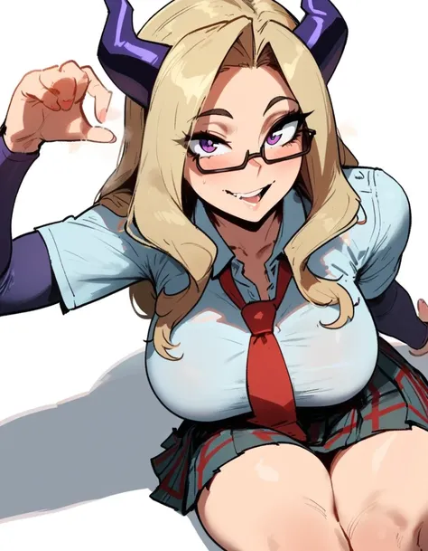 1girl, mount lady, boku no hero academia  masterpiece, best quality, very aesthetic, absurdres, newest  sportive body,    by dodok, nyantcha, cutesexyrobutts, by khyle ///// blonde, purple eyes,  (school uniform:1.2), skirt, , 24 years old, white backgroun...