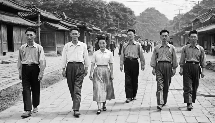 Chinese 50s，Early years of the founding of the country，People in simple clothes，old photo。RAW photos，Best quality，（reality，照⽚reality感：1.3）