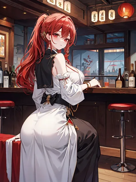 look back女, Long skirt, Anime style painting, An illustration, liquor, Woman sitting at a bar drinking a cocktail, look back, Turn your back, Small face, 背景の棚には多彩な色のliquor瓶が並んでいる, Quiet bar, Calm expression, Perfect hands, elder, Red Hair, The dignity of a...